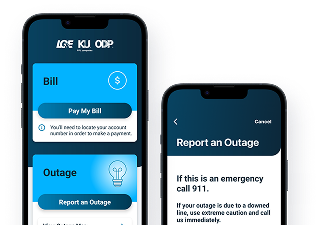 Smartphone screens showing utility app with options to pay bills and report outages, featuring blue and white interface.