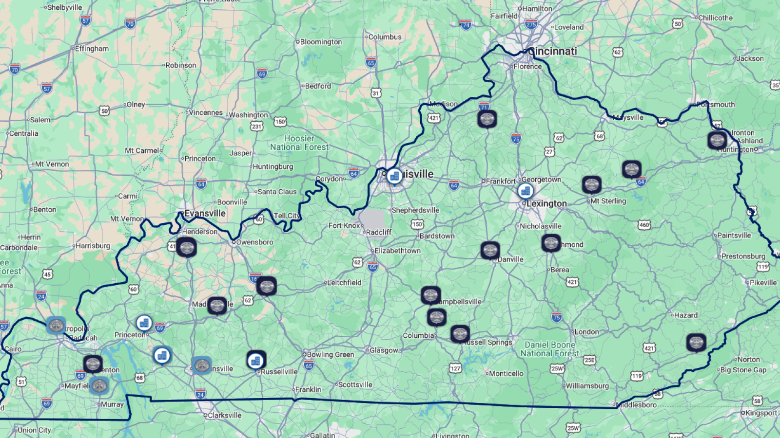 Map of Kentucky showing property results on Zoom Prospector