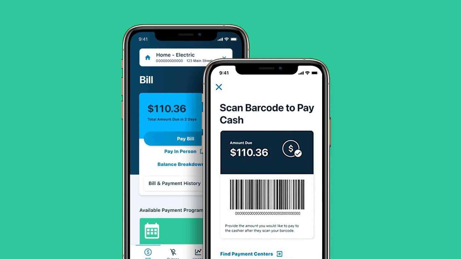 Two mobile phones showing the LG&E and KU app with billing information and barcode to scan for cash payments.