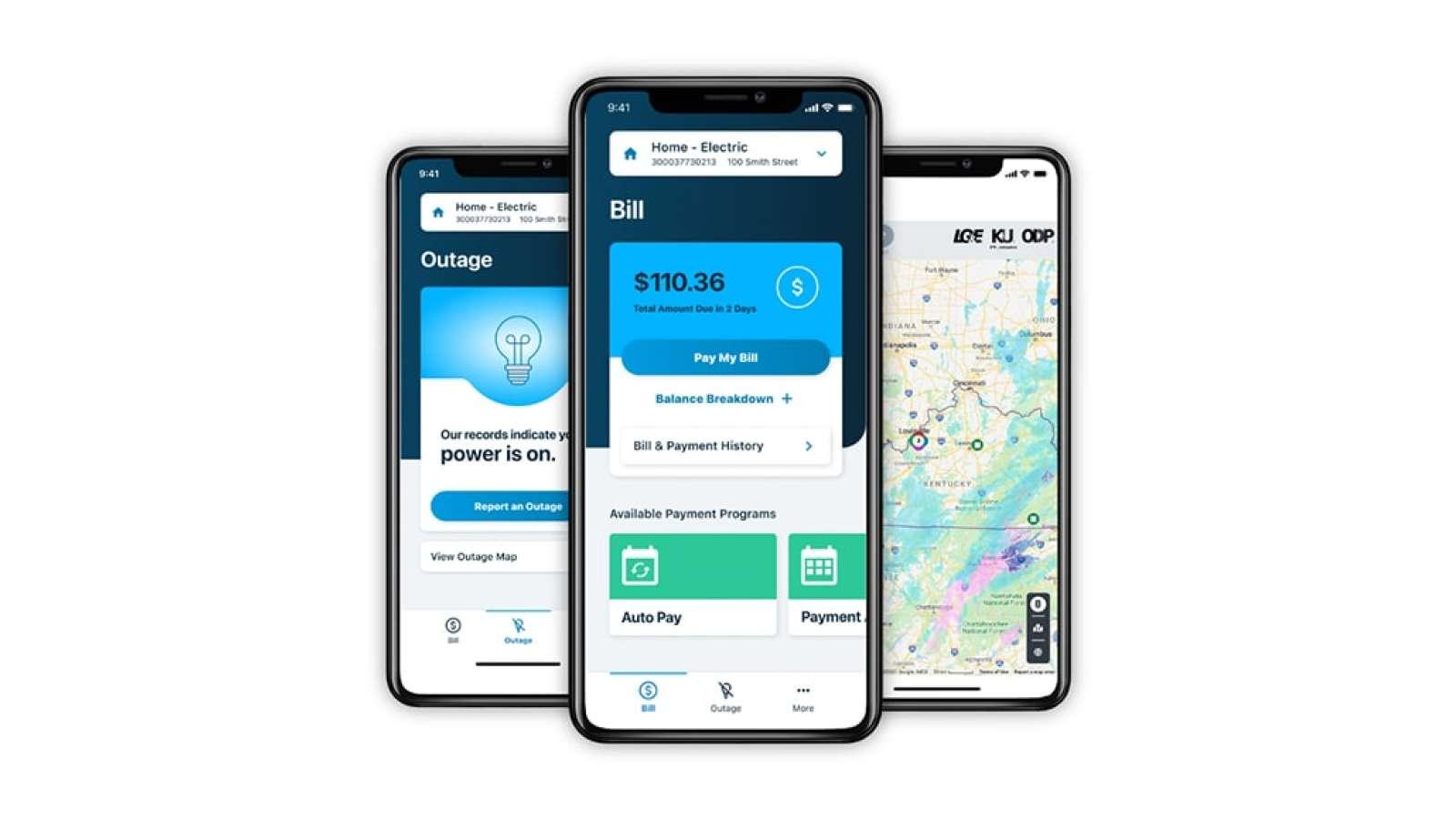Three cellphones showing the Outage, Bill, and Outage map screens in the LG&E and KU app