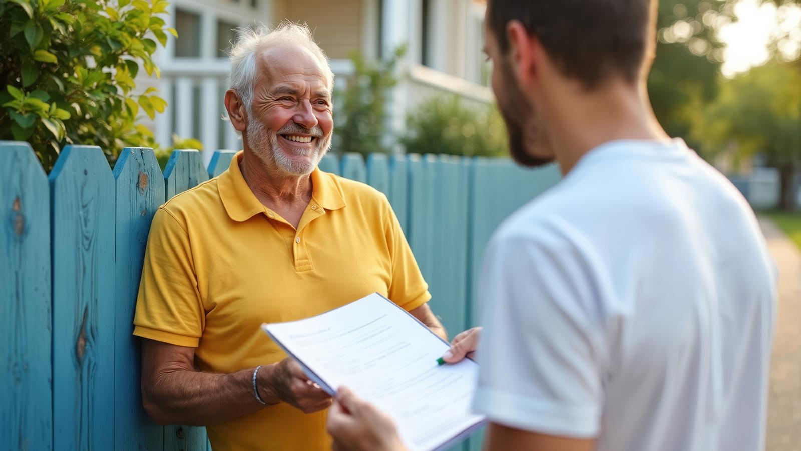 Elderly man leaning against a blue picket fence, talking to a young person holding a lease agreement.