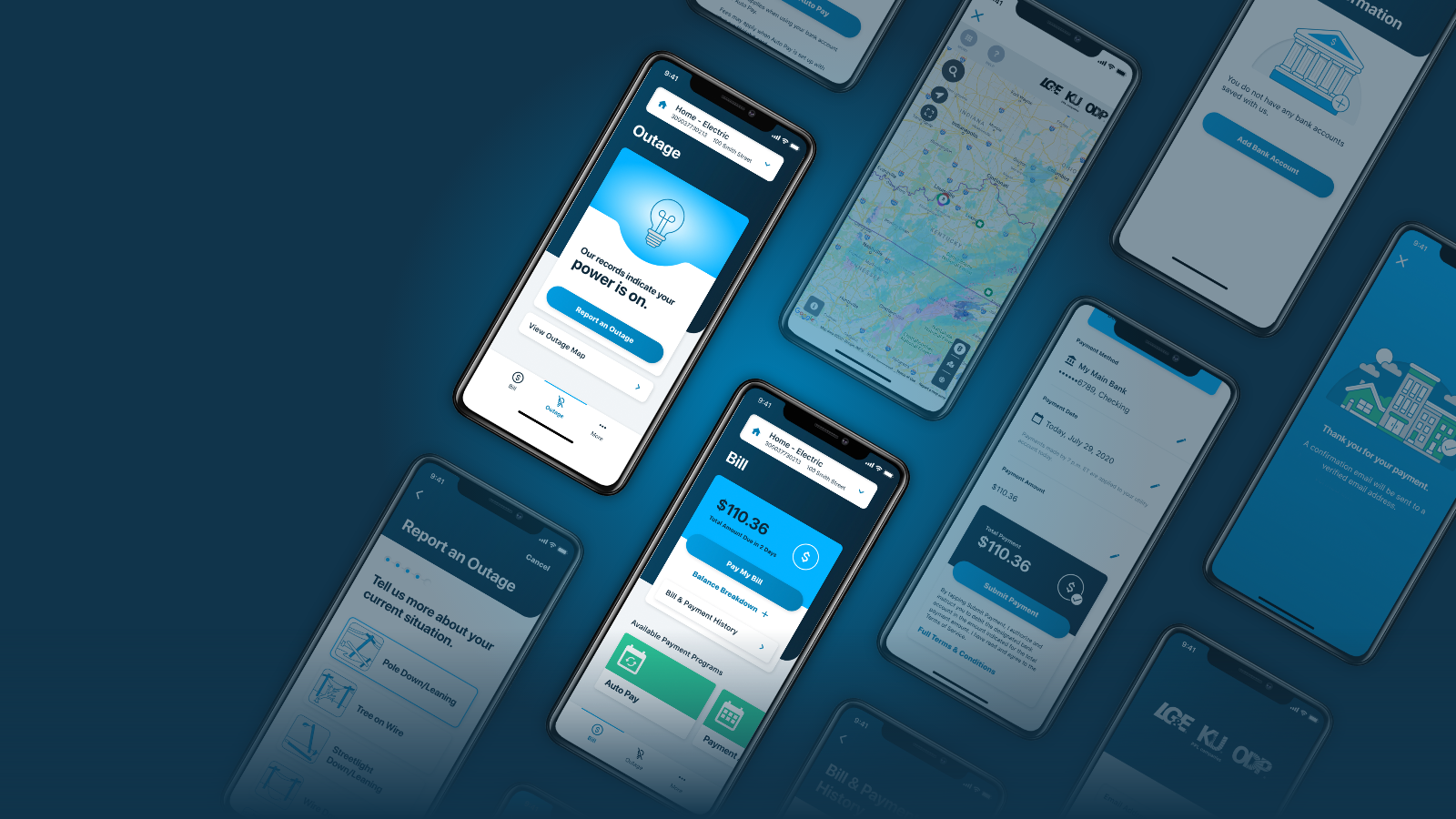 Multiple smartphones displaying a financial app interface with graphs, maps, and transaction details on a blue gradient background.