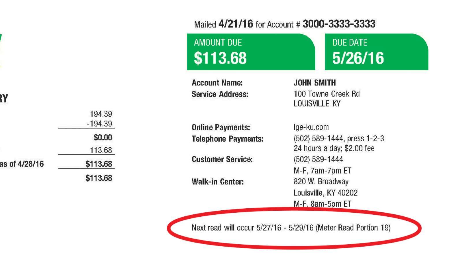 Sample utility bill with next meter read circled in red and listed in the top right corner of the bill under Walk-in Center.