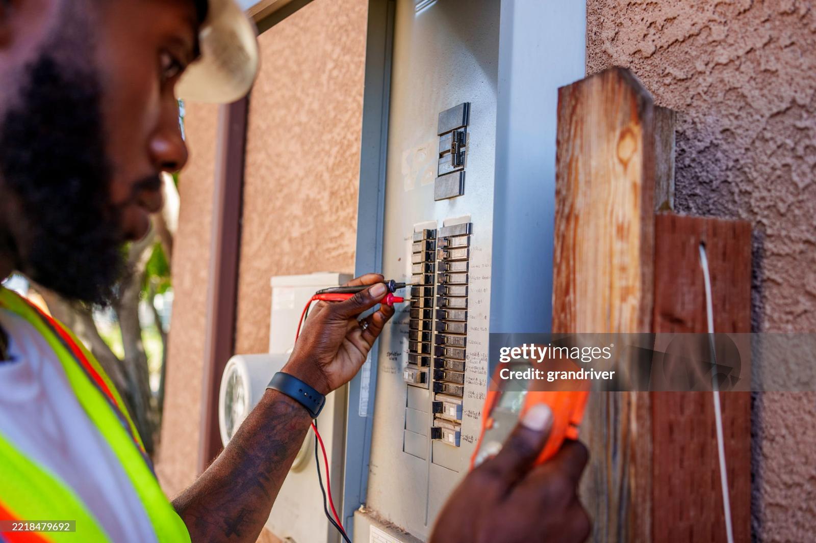 Electrician in a safety vest and helmet using a multimeter to check an electrical panel outdoors, ensuring safe operation.